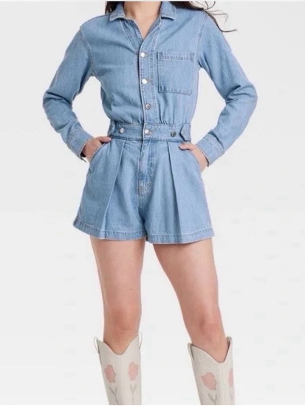 Light Wash Denim Romper - Button Front